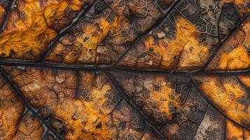 ai generiert Nahansicht von ein Herbst Blatt kompliziert Textur, präsentieren beschwingt Farbtöne. ai generiert foto