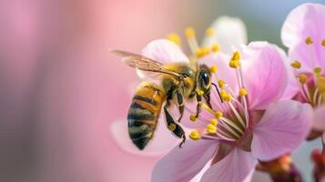 ai generiert Nahansicht von ein Biene Landung auf ein Blume zum Bestäubung, präsentieren der Natur kompliziert Symbiose, ai generiert. foto