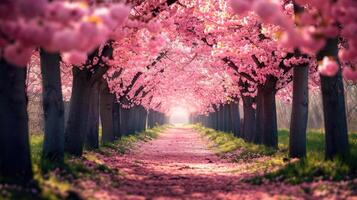 ai generiert ein malerisch Gasse geschmückt mit Kirsche Blüten, Erfassen das zauberhaft Schönheit von Frühling. ai generiert. foto