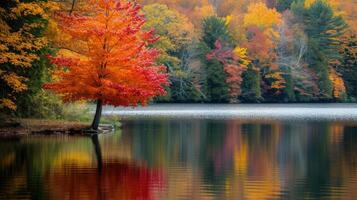 ai generiert still See Spiegel das beschwingt Farbtöne von Herbst Bäume auf ein heiter Tag, ai generiert. foto