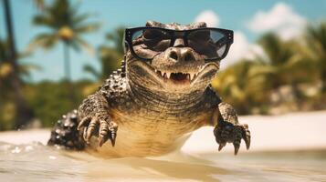 ai generiert Erfahrung das Intensität von ein Alligator springen auf zu das Strand im ein atemberaubend Nahansicht Foto. ai generiert foto