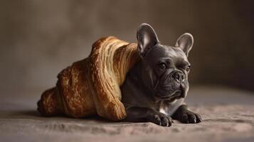 ai generiert wunderlich Darstellung von ein Hund gestaltet im das gestalten von ein Croissant, schrullig Charme, ai generiert. foto