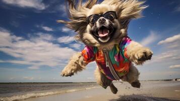 ai generiert bezaubernd Pekinese Spaziergänge auf zu das sandig Strand, Umarmen das Strand Charme, ai generiert. foto