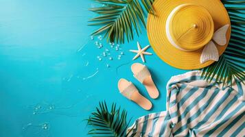 ai generiert eben legen Anordnung von Sommer- Ferien das Wesentliche einschließlich Strand Handtuch und Regenschirm, ai generiert. foto