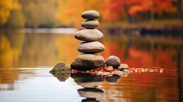 ai generiert ein Stapel von Steine im ein heiter Fluss verkörpert Ruhe und Meditation inmitten das fallen Jahreszeit. ai generiert. foto