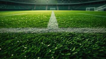 ai generiert Fußball Feld im Fußball Stadion Eigenschaften präzise Gras Muster, verbessern das sportlich Ambiente. ai generiert. foto