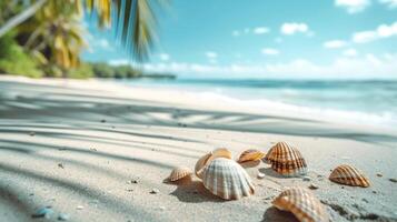 ai generiert tropisch Strand geschmückt mit Muscheln auf Sanft Sand. ai generiert foto