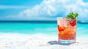 ai generiert cool Sommer- Cocktail auf Weiß Strand, Meer Sicht, Raum zum Text, ai generiert. foto