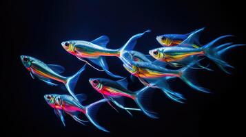 ai generiert Zeuge ein dynamisch Schule von Neon- Tetra Fisch im synchronisiert schwimmen, ai generiert. foto