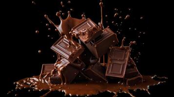 ai generiert geschmolzen Schokolade Tropfen auf Schokolade Stücke, schwarz Hintergrund. dekadent locken, ai generiert. foto