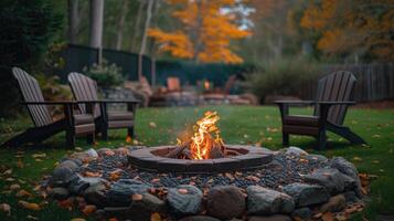 ai generiert ein draussen Feuer Grube im das Hinterhof schafft ein warm Oase, ai generiert. foto