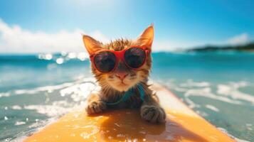 ai generiert ein süß Katze Surfer genießt ein voller Spaß Sommer- Tag beim das Strand, Reiten Wellen mit Begeisterung, ai generiert. foto