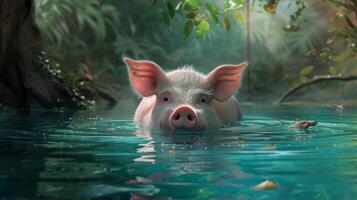 ai generiert glücklich Schwein Paddel im ein Schwimmbad umgeben durch Bäume, genießen ein erfrischend schwimmen, ai generiert. foto