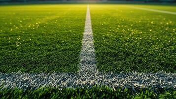 ai generiert Fußball Feld im Fußball Stadion Eigenschaften präzise Gras Muster, verbessern das sportlich Ambiente. ai generiert. foto