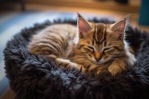 ai generiert süß klein Katze friedlich ruhen auf ein Haustier Bett beim heim, ai generiert. foto