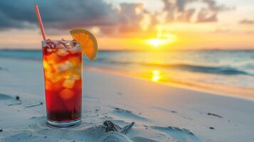 ai generiert genießen ein Sonnenuntergang Strand trinken, Meer Sicht, sandig Ufer. Raum zum Text, ai generiert. foto