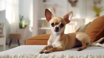 ai generiert süß Chihuahua ruht auf ein Weiß Teppich, infundieren das Leben Zimmer mit zierlich Eckzahn Charme, ai generiert. foto