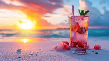 ai generiert kalt Sommer- gemischt Cocktail auf sandig Strand beim Sonnenuntergang, ai generiert. foto