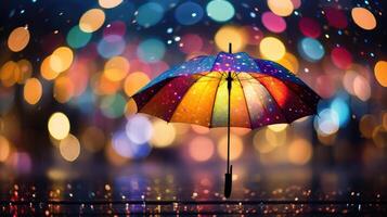 ai generiert beschwingt Regenschirm inmitten festlich Bokeh Beleuchtung schafft faszinierend Anzeige. ai generiert foto