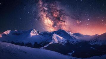 ai generiert zauberhaft Aussicht von das magisch milchig Weg über schneebedeckt Berge auf ein Winter Nacht. ai generiert foto