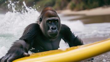 ai generiert ein süß Gorilla Surfer genießt ein voller Spaß Sommer- Tag beim das Strand, Reiten Wellen mit Begeisterung, ai generiert. foto