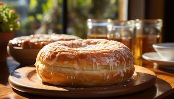 ai generiert frisch gebacken hausgemacht Krapfen auf hölzern Tisch, bereit zu Essen Genuss generiert durch ai foto