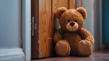 ai generiert Freude im das bezaubernd Sicht von ein braun Teddy Bär schleichen hinter das Tür, ai generiert foto