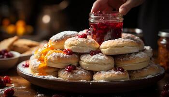 ai generiert hausgemacht Gourmet Dessert frisch, Süss Pfannkuchen mit Beere Genuss generiert durch ai foto