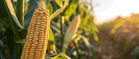 ai generiert Mais Kolben Stand hoch im ein üppig Mais Plantage Feld, reif zum Ernte, ai generiert. foto