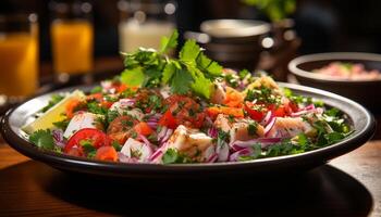 ai generiert Frische auf Teller Gourmet Salat, gesund Essen, Vegetarier Essen generiert durch ai foto