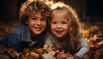 ai generiert lächelnd Kinder genießen Herbst draußen, Umarmen Natur Schönheit zusammen generiert durch ai foto