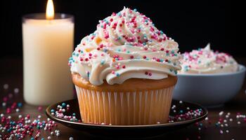 ai generiert hausgemacht Geburtstag Kuchen mit beschwingt Glasur und ausgepeitscht Sahne generiert durch ai foto