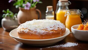 ai generiert Frische und Süße auf ein hölzern Tisch, Gourmet Dessert Mahlzeit generiert durch ai foto