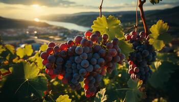 ai generiert Sonnenuntergang Über ein Weinberg, reif Trauben bringen Frische zu Wein machen generiert durch ai foto