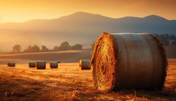 ai generiert Sonnenuntergang Über ein ländlich Bauernhof, Wiese, und Heuhaufen im Herbst generiert durch ai foto