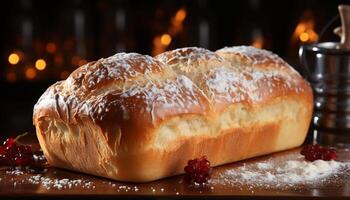 ai generiert hausgemacht Süss Kuchen, frisch Frucht, gebacken Gebäck, Genuss auf Tabelle generiert durch ai foto