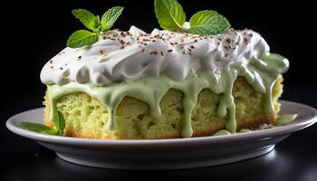 ai generiert frisch gebacken Gourmet Dessert mit Minze Blatt Dekoration auf Grün Teller generiert durch ai foto