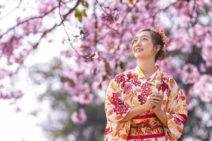 japanisch Frau im traditionell Kimono Kleid halten Süss Hanami Dango Dessert während Gehen Innerhalb Park beim Kirsche blühen Baum während Frühling Sakura Festival foto