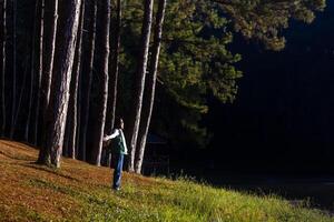 Naturforscher ist Wandern zu Ziel während Empfang das Heilung Energie im Kiefer Wald durch das See zum Vermessung und entdecken Selten biologisch Vielfalt und Ökologe auf Feld Studie im das Morgen foto