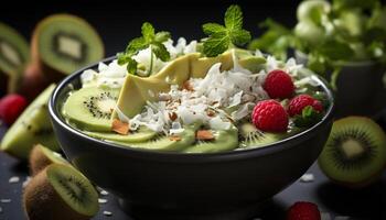 ai generiert Frische und Süße im ein gesund Sommer- Obst Salat generiert durch ai foto