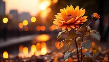 ai generiert beschwingt Sonnenblume blühen leuchtet im das golden Sonnenuntergang Wiese generiert durch ai foto