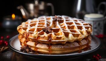 ai generiert hausgemacht Gourmet Dessert frisch Pfannkuchen Stapel mit Beere Sirup generiert durch ai foto