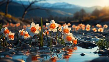 ai generiert ein beschwingt Wiese von Blumen Blüten unter das Frühling Sonne generiert durch ai foto