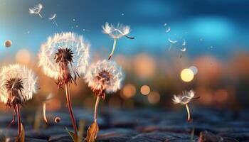 ai generiert flauschige Löwenzahn Samen im Wiese, Gelb Blume Blüten beim Dämmerung generiert durch ai foto