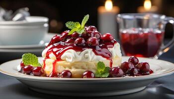 ai generiert hausgemacht Gourmet Dessert Süss Kuchen mit ausgepeitscht Sahne und Beeren generiert durch ai foto