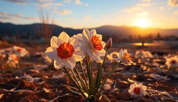 ai generiert ein beschwingt Wiese von Blumen im das Sommer- Sonnenuntergang generiert durch ai foto