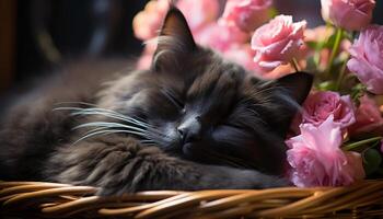 ai generiert süß Kätzchen Schlafen im ein Korb, umgeben durch Rosa Blumen generiert durch ai foto