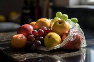 ai generiert Nahansicht Aussicht von bunt Früchte im ein Netz foto