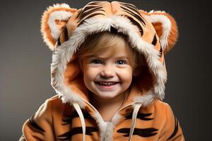 ai generiert Porträt von ein Baby Kind tragen ein Tiger Kostüm auf isoliert Hintergrund foto