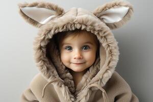 ai generiert Porträt von ein Baby Kind tragen ein Hase Kostüm auf isoliert Hintergrund foto